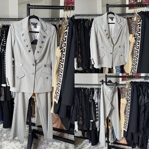 Etcetera Gray Pinstripe Double Breasted Blazer Wide Leg Pants Suit Womens 6 EUC